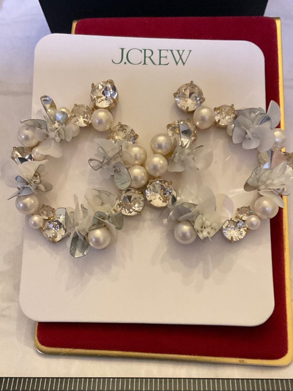 J. Crew Gold Pearl, Crystal & White Floral Hoop Earrings